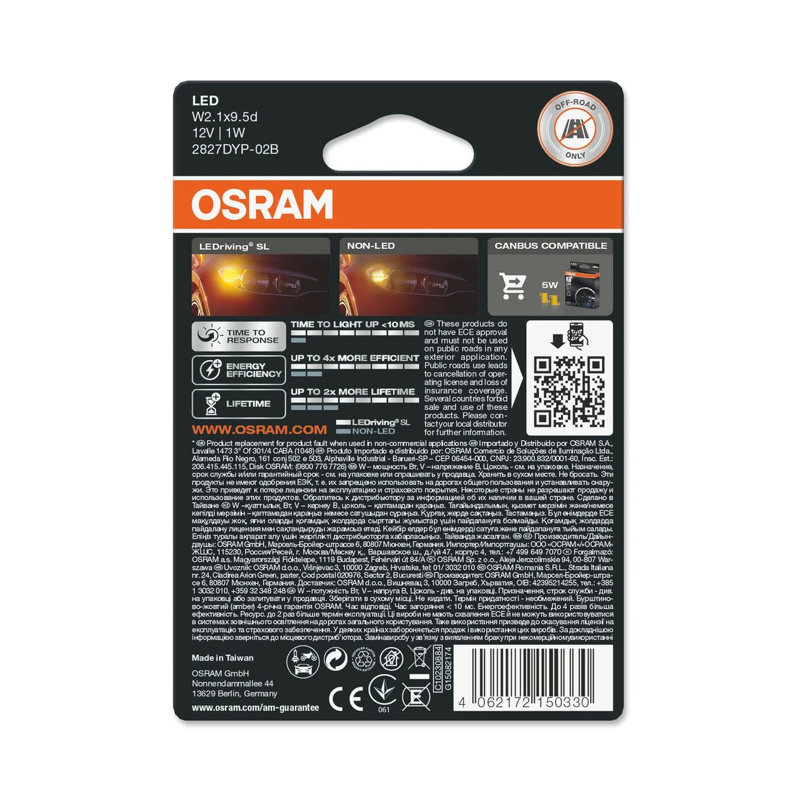 Osram LED W5W Indicator Bulbs Yellow 12V 1W 2827DYP-02B