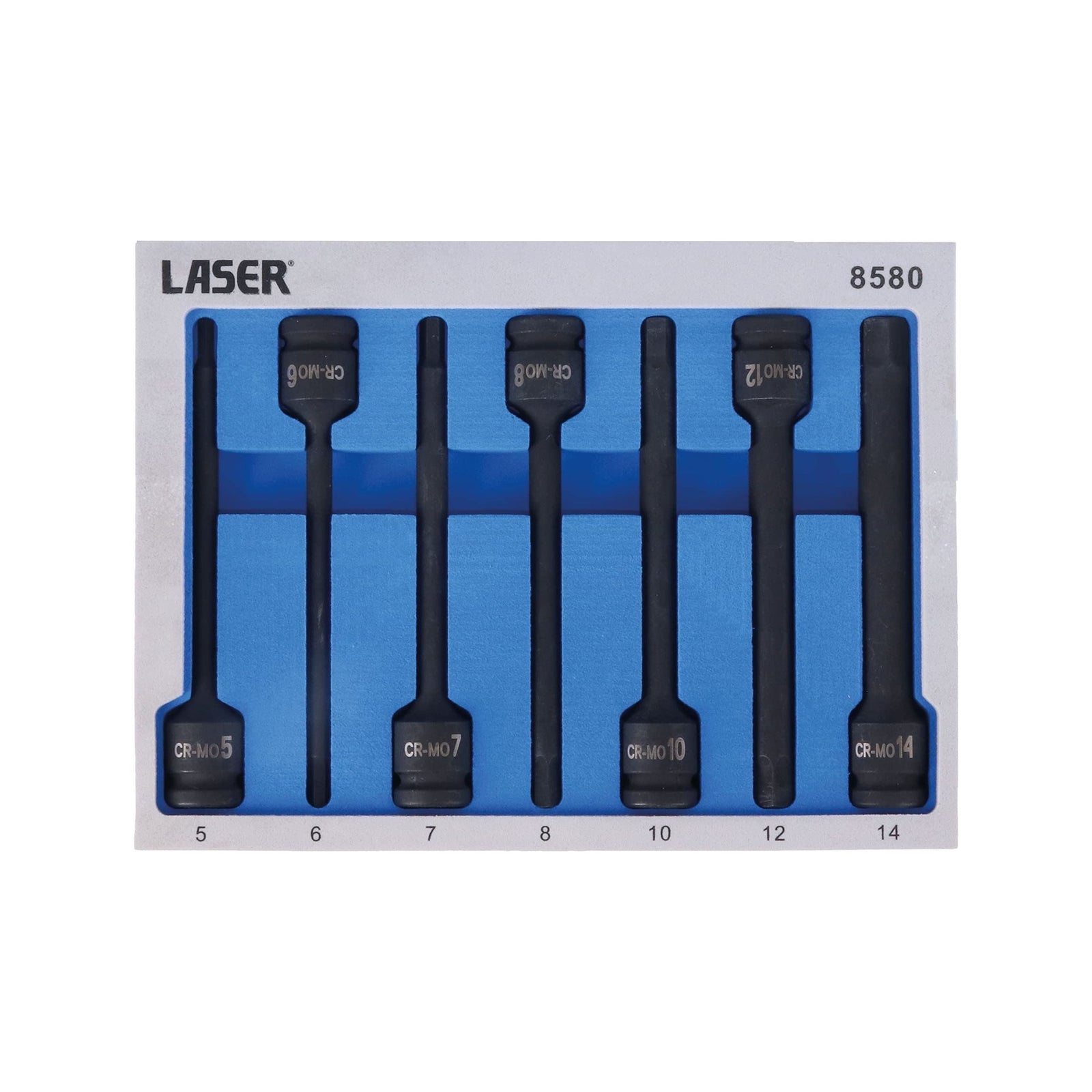 Laser Extra Long Impact Hex Bit Set 1/2"D 7pc 8580
