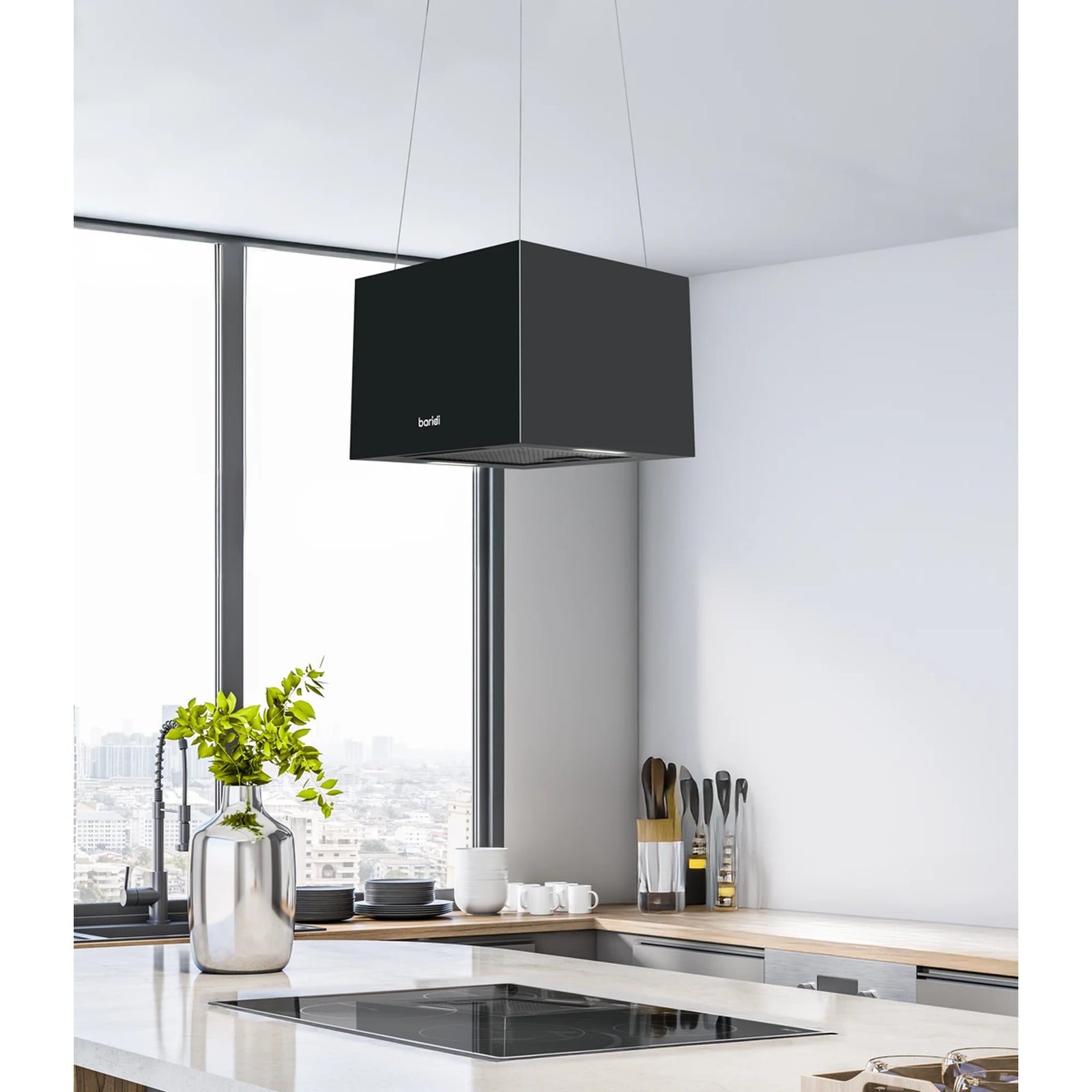 Baridi Square Island Cooker Hood 40cm - Black - 530m³/h
