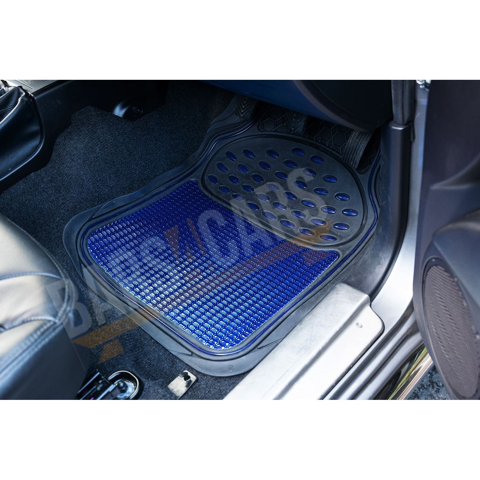 Shiney Blue Metallic Checker Style Car Heavy Duty Black Rubber Set of 4 Mats Set