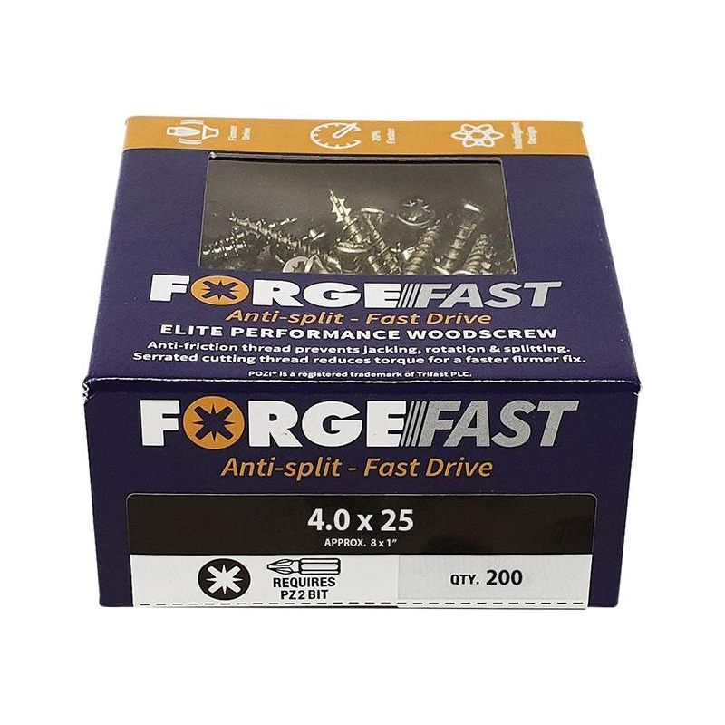 Forgefix ForgeFast Pozi Compatible Elite Performance Wood Screw ZY 4.0 x 25mm Box 200