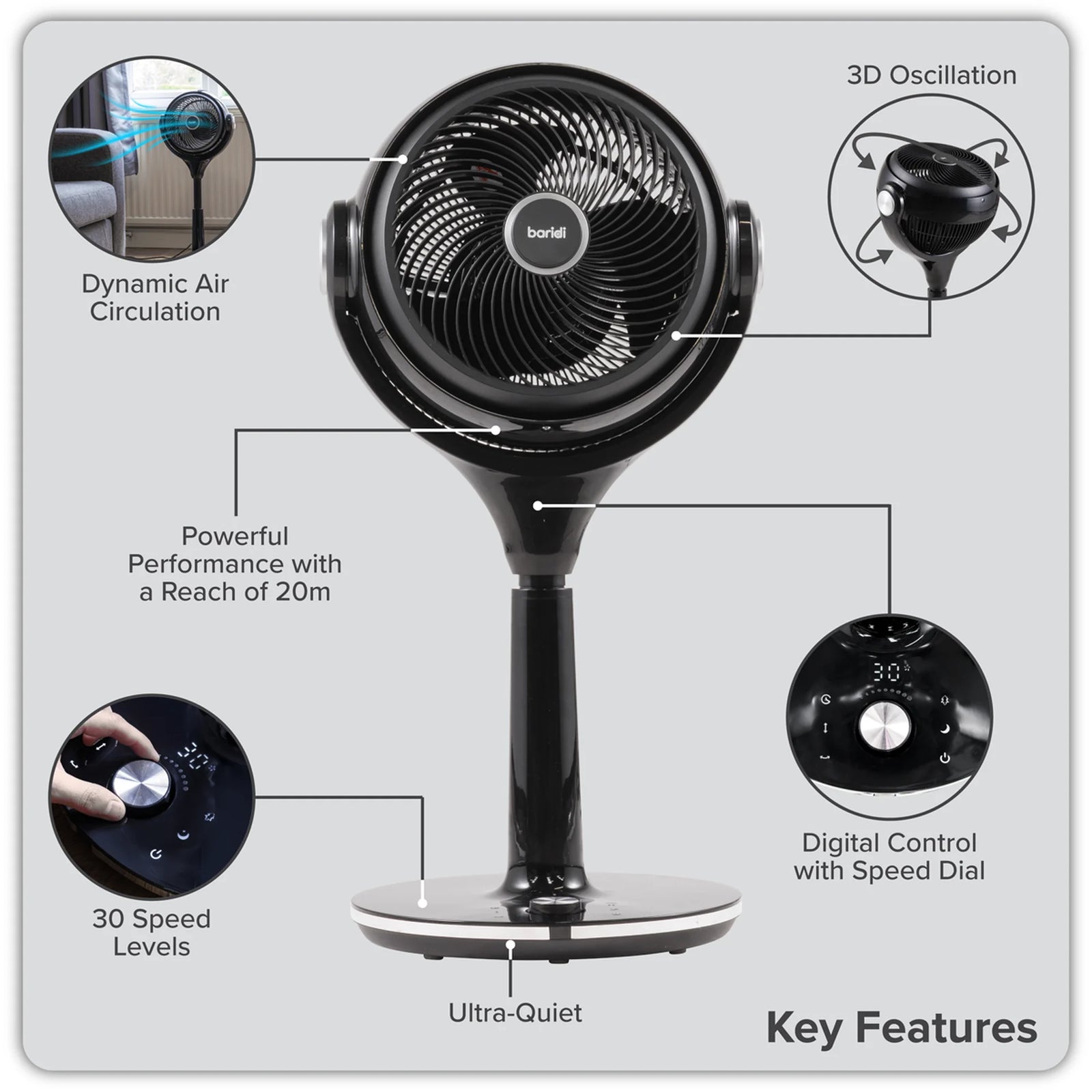 Baridi 10" Pedestal Fan DH143 with Remote Control & Timer