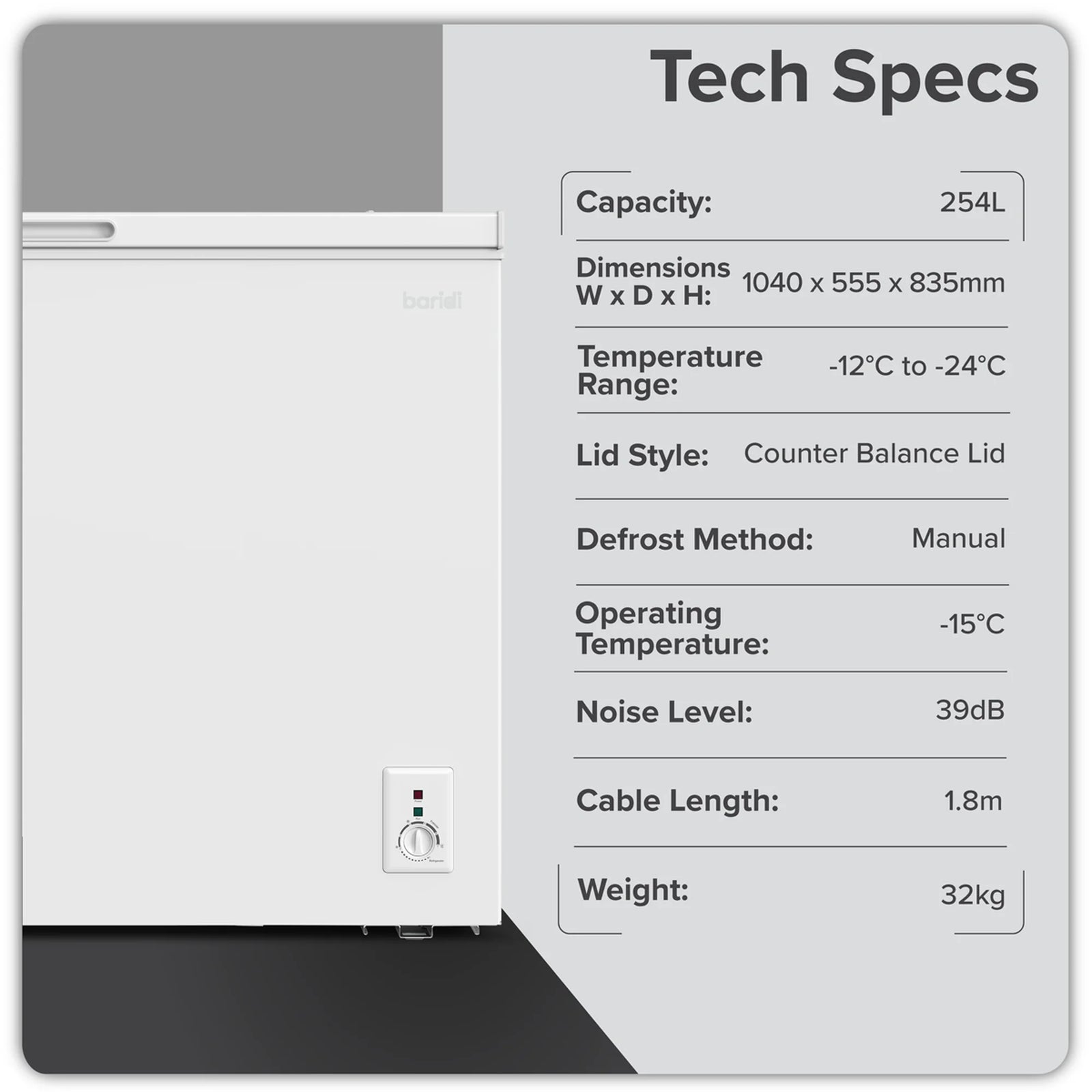 Baridi Chest Freezer DH258 254L Capacity - White