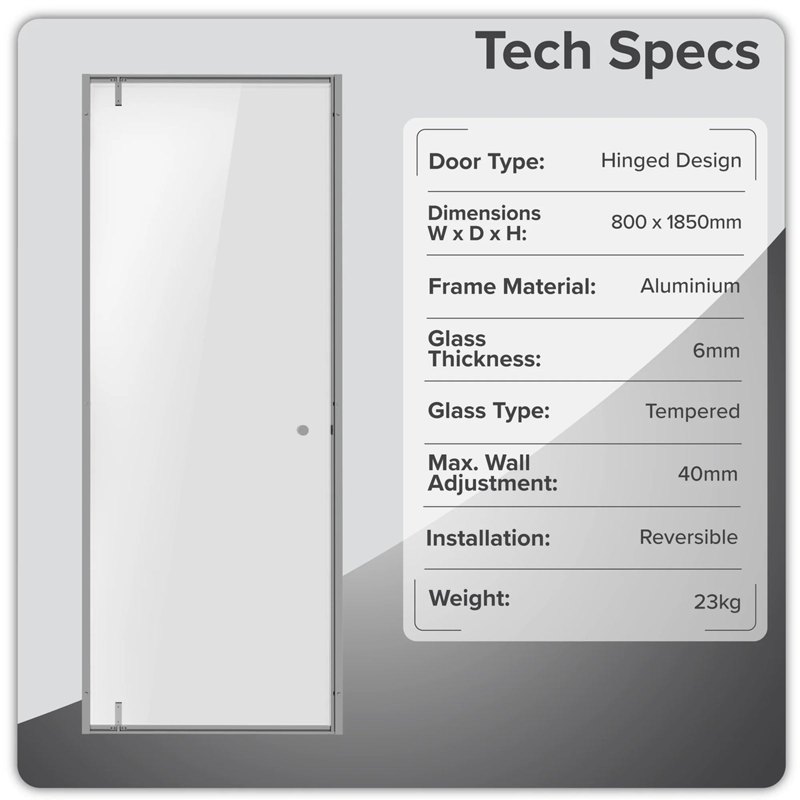 Baridi Hinged Shower Door 800 x 1850mm 6mm Tempered Glass