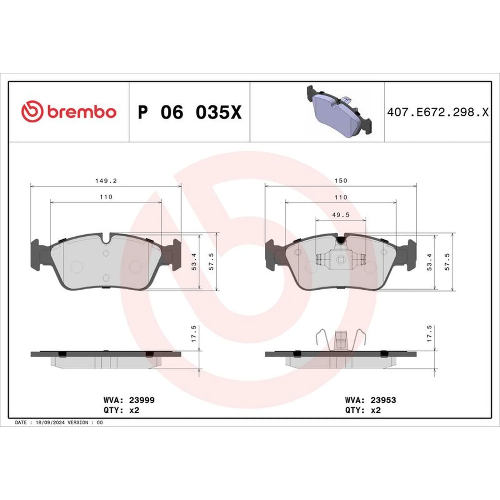Brembo 4 x Front Brake Pad Set P06035X