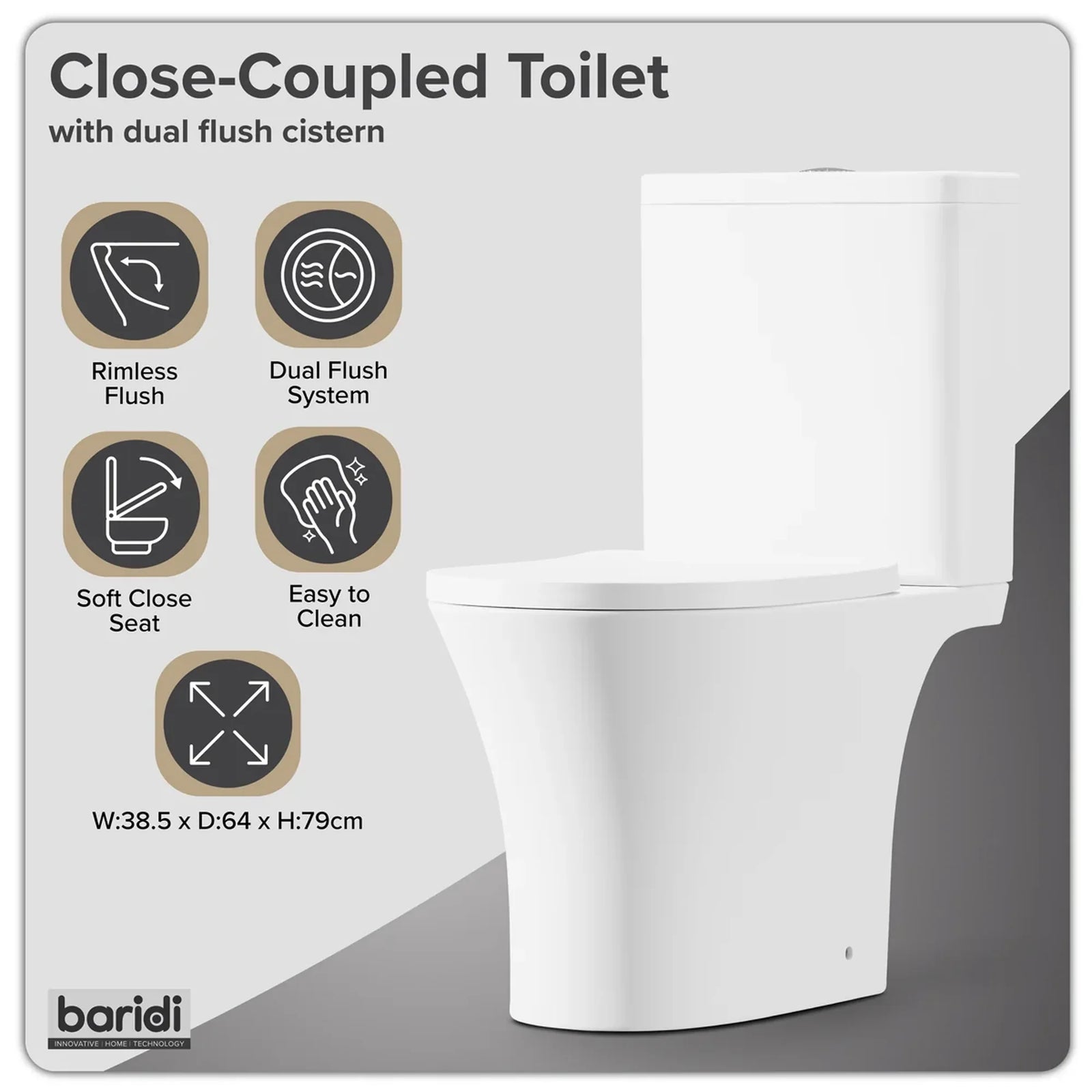 Baridi Close Coupled Toilet DH332 Rimless Flush White