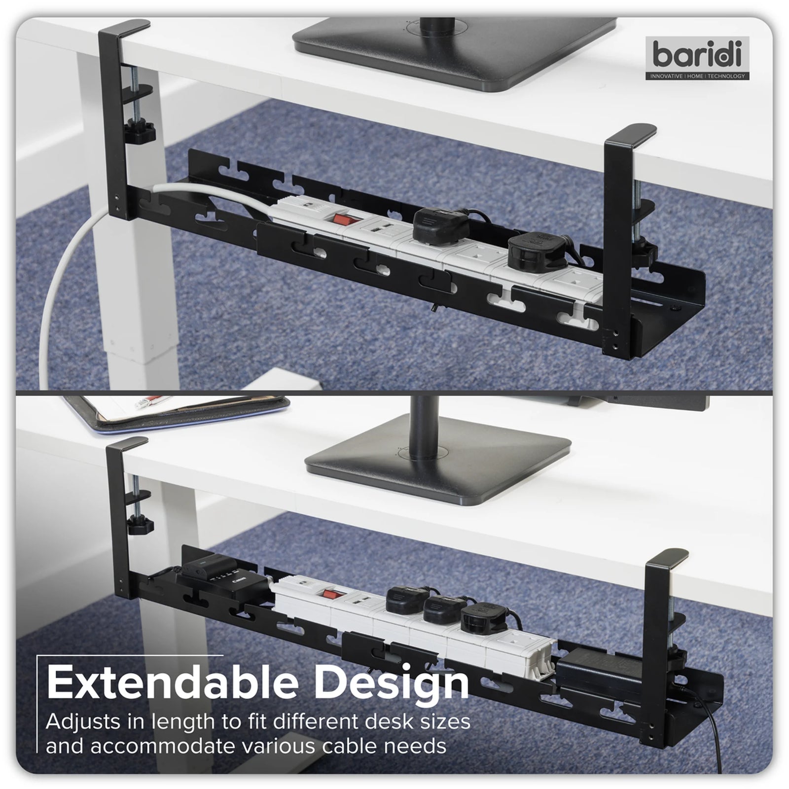 Dellonda Cable Management Tray Extendable 435/730mm - Black