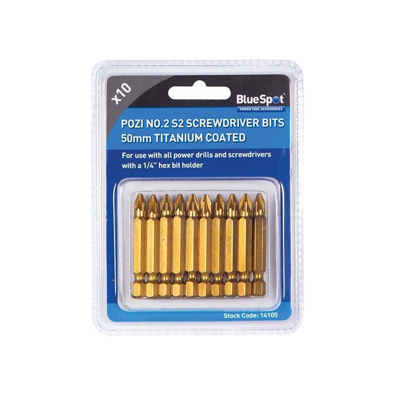 Bluespot Tools Titanium Coated Screwdriver Bits PZ2 x 50mm (Pack 10)
