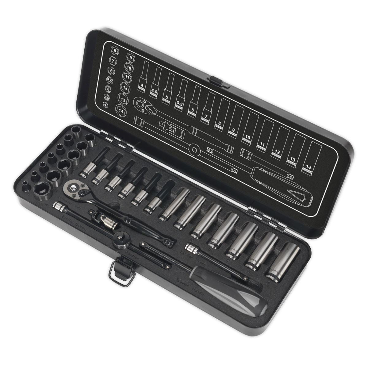 Sealey Socket Set 32pc 1/4"Sq Drive 6pt WallDrive Metric Black Series AK7970
