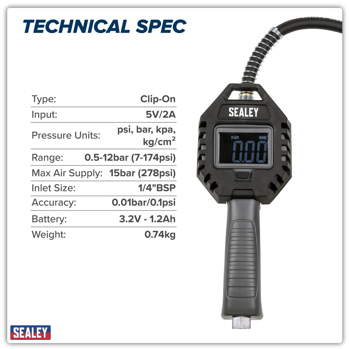 Sealey Rechargeable Tyre Inflator SA500 15bar with Clip-On Connector
