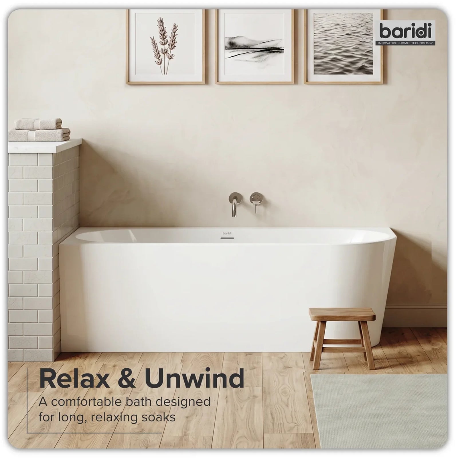 Baridi Left-Hand Corner Slim Rim Bath 170cm - Gloss White
