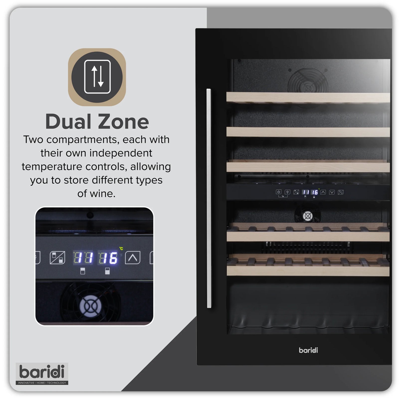 Baridi Wine Cooler 57 Bottles Dual Zone DH118 Black