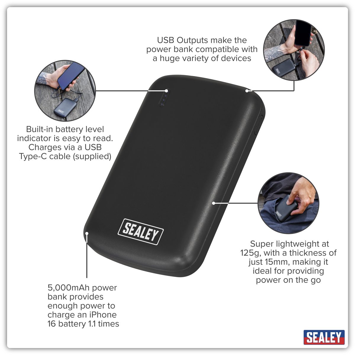 Sealey Portable Power Bank SPB103 5000mAh USB-C & USB-A