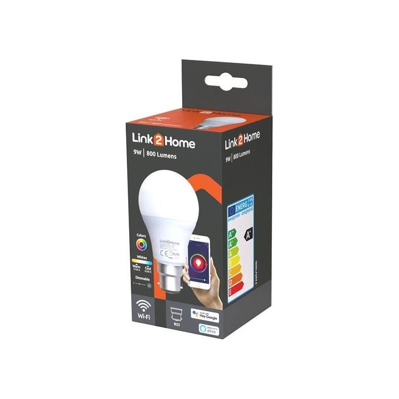 Link2Home Wi-Fi LED BC (B22) Opal GLS Dimmable Bulb, White + RGB 800 lm 9W