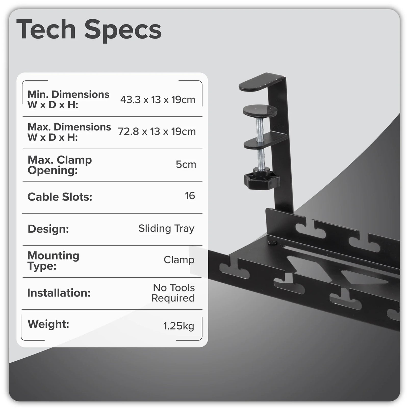 Dellonda Cable Management Tray Extendable 435/730mm - Black