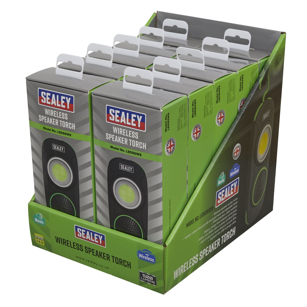 Sealey Rechargeable Torch with Wireless Speaker 10W COB LED Display Box of 10