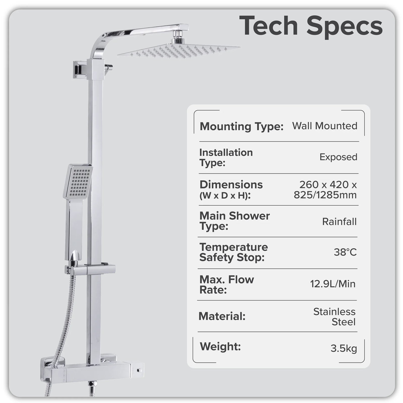 Baridi Thermostatic Shower Mixer Set 20x20cm Square Head