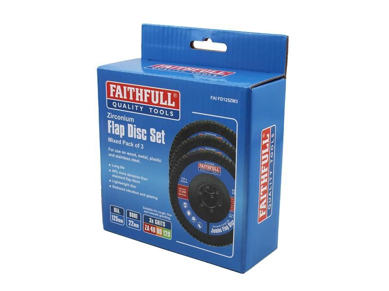 Faithfull Zirconia Abrasive Jumbo Flap Disc 125 x 22mm Mixed Grit (3 Pack)