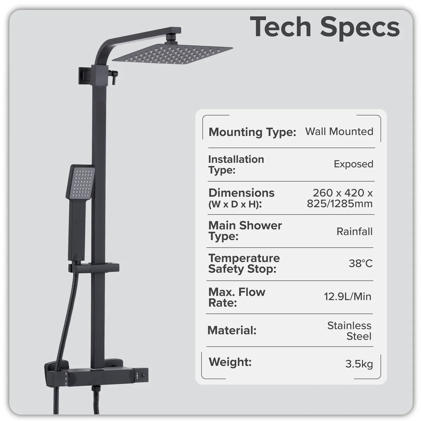 Baridi Thermostatic Shower Mixer Set 20x20cm Square Head Black
