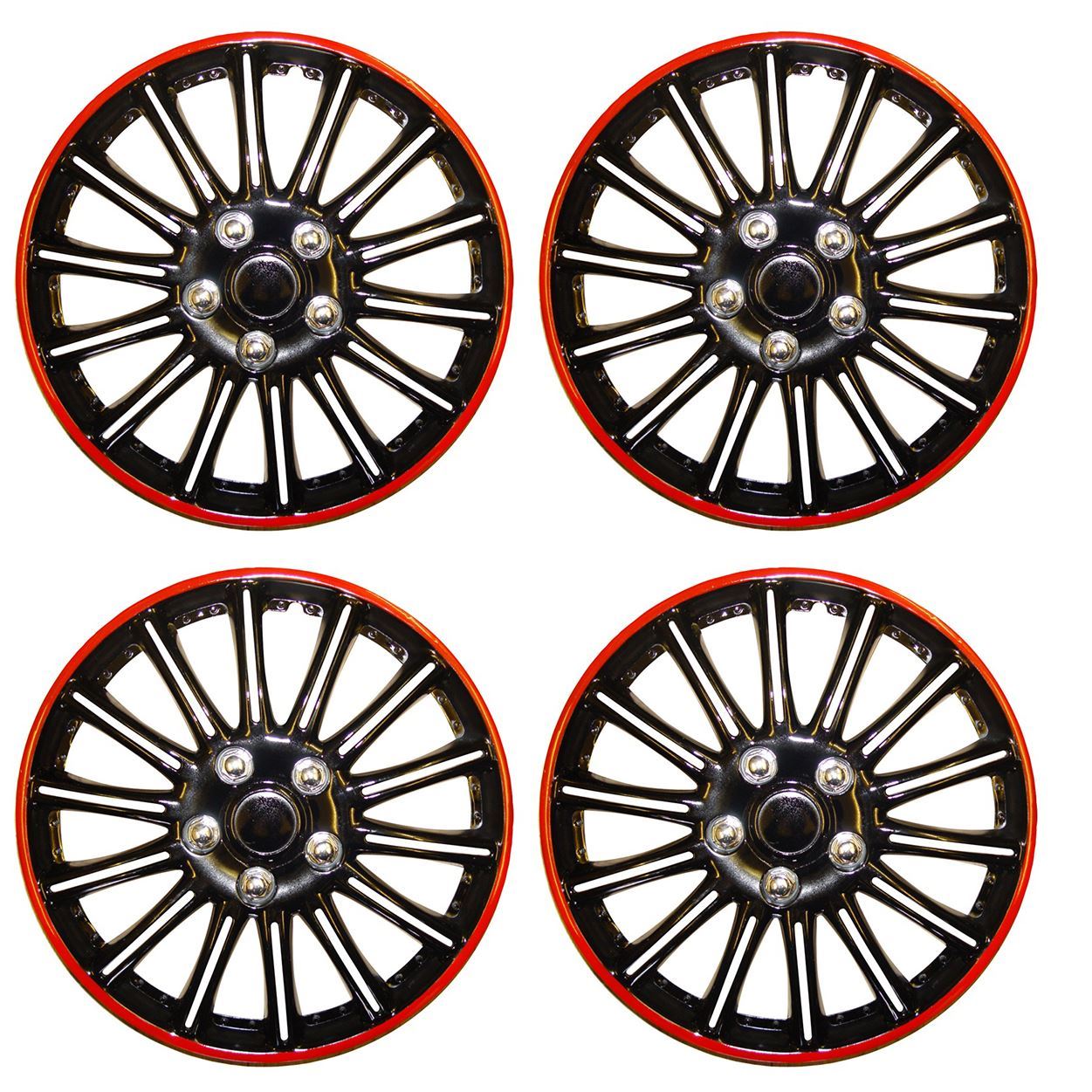 14" Inch Lightening Sports Wheel Cover Trim Set Black With Red Ring Rims (4Pcs)