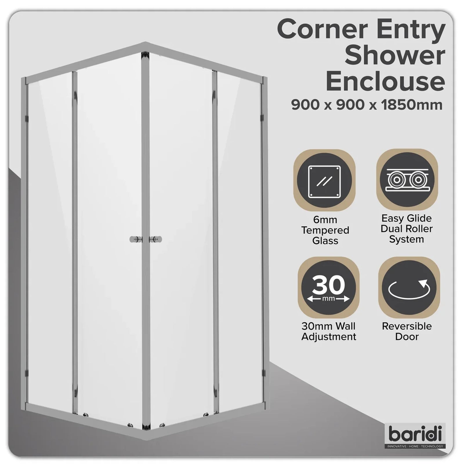 Baridi Corner Shower Entry Enclosure 900x900mm Chrome DH299