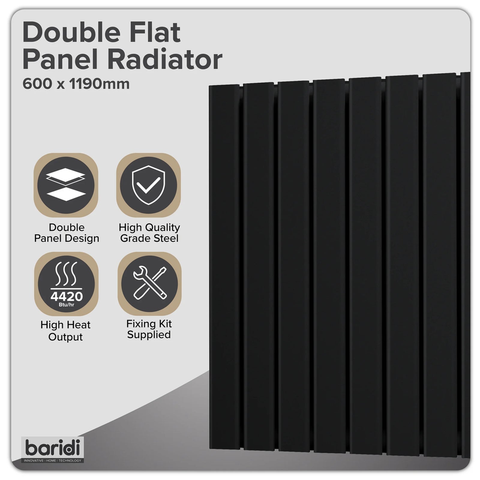 Baridi Horizontal Radiator 600 x 1190mm Double Flat Panel Black
