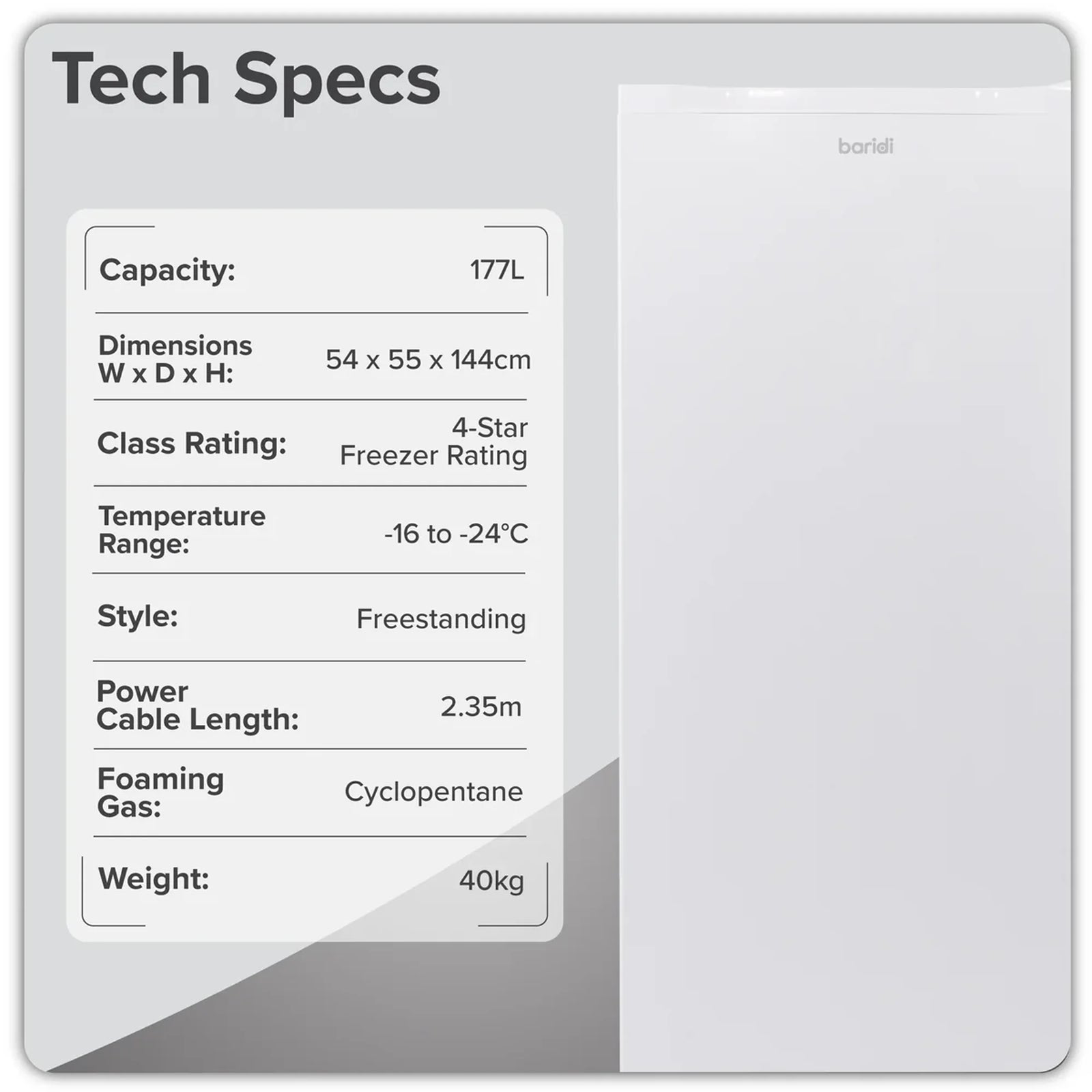 Sealey Freestanding Tall Freezer 177L Capacity White