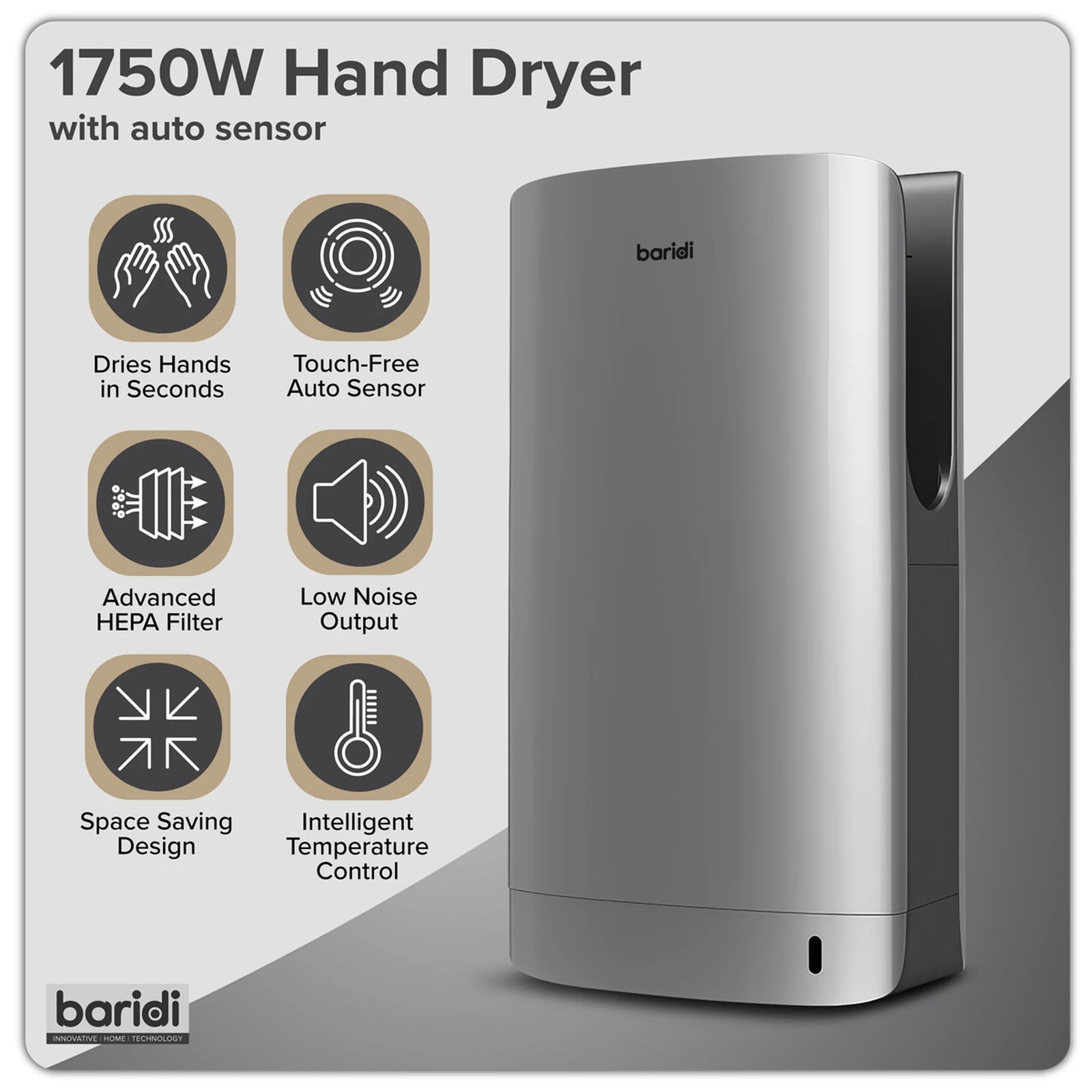 Baridi Hand Dryer DH150 1750W with HEPA Filter - Silver