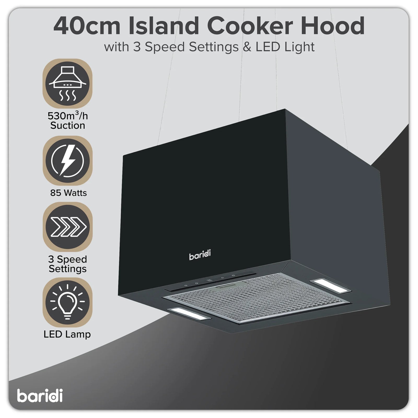 Baridi Square Island Cooker Hood 40cm - Black - 530m³/h