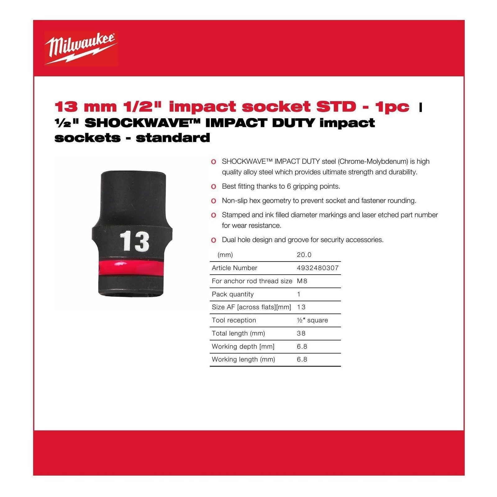 Milwaukee Hex Socket Shw 1/2 Std 13mm-1Pc 4932480307