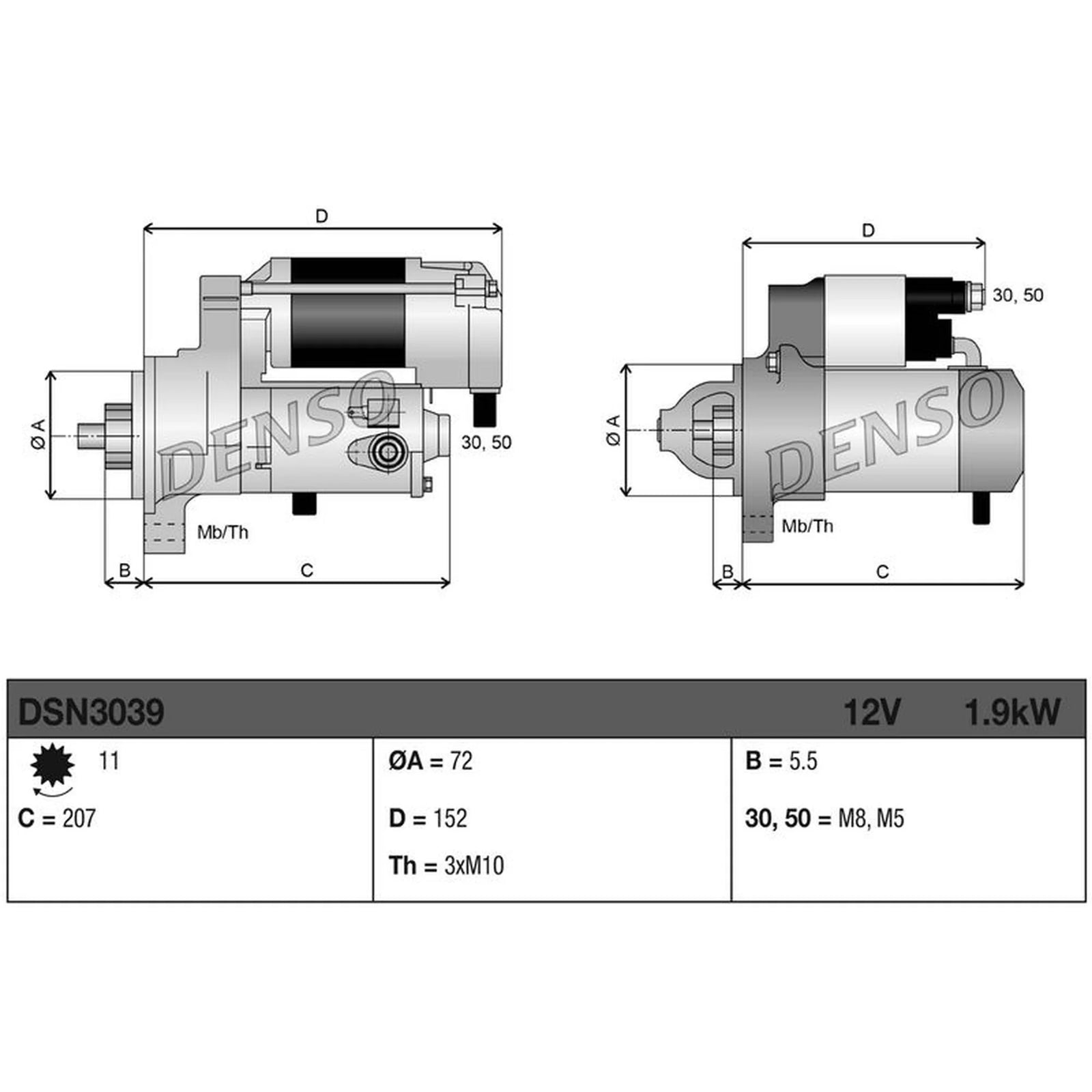 Denso Starter Motor 12V 1.9kW 11 Teeth DSN3039