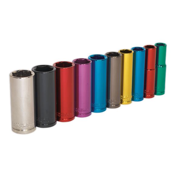 Sealey Premier 10pc 3/8" Drive Deep Multi Coloured Hex Socket Set 10-19mm