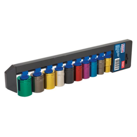 Sealey Premier 10pc 1/2" Drive Multi Coloured Hex Socket Set 13-24mm WallDrive