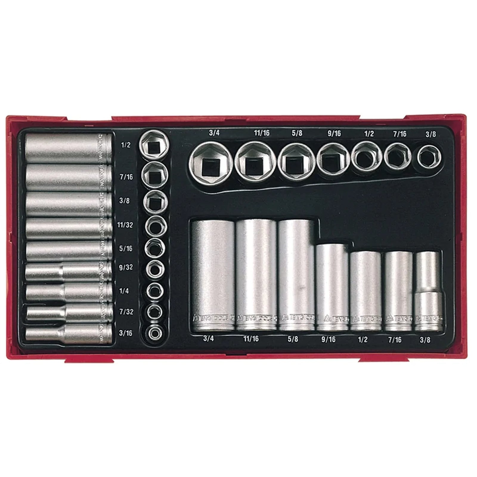 Teng TTAF32 Regular/Deep Socket Set, 32 Piece - 1/4 & 3/8in Drive - TC20