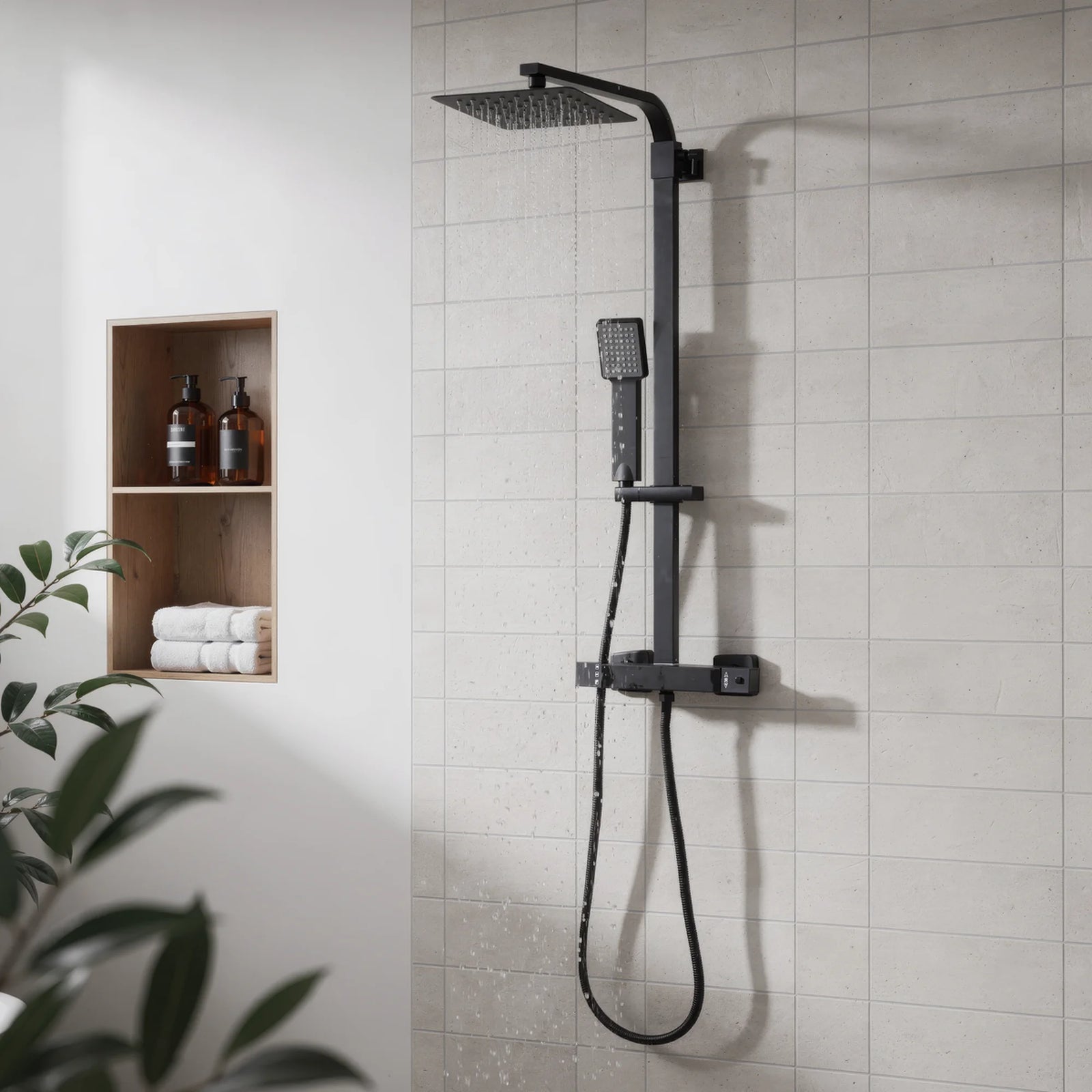Baridi Thermostatic Shower Mixer Set 20x20cm Square Head Black