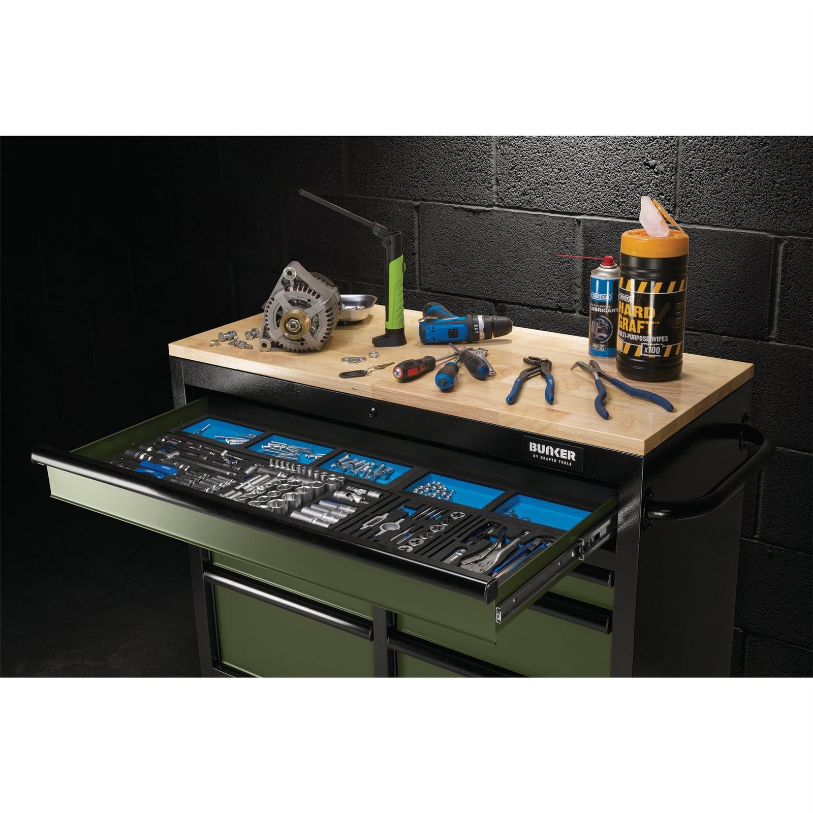 Draper BUNKER Workbench Roller Tool Cabinet, 7 Drawer, 41", Green 08221
