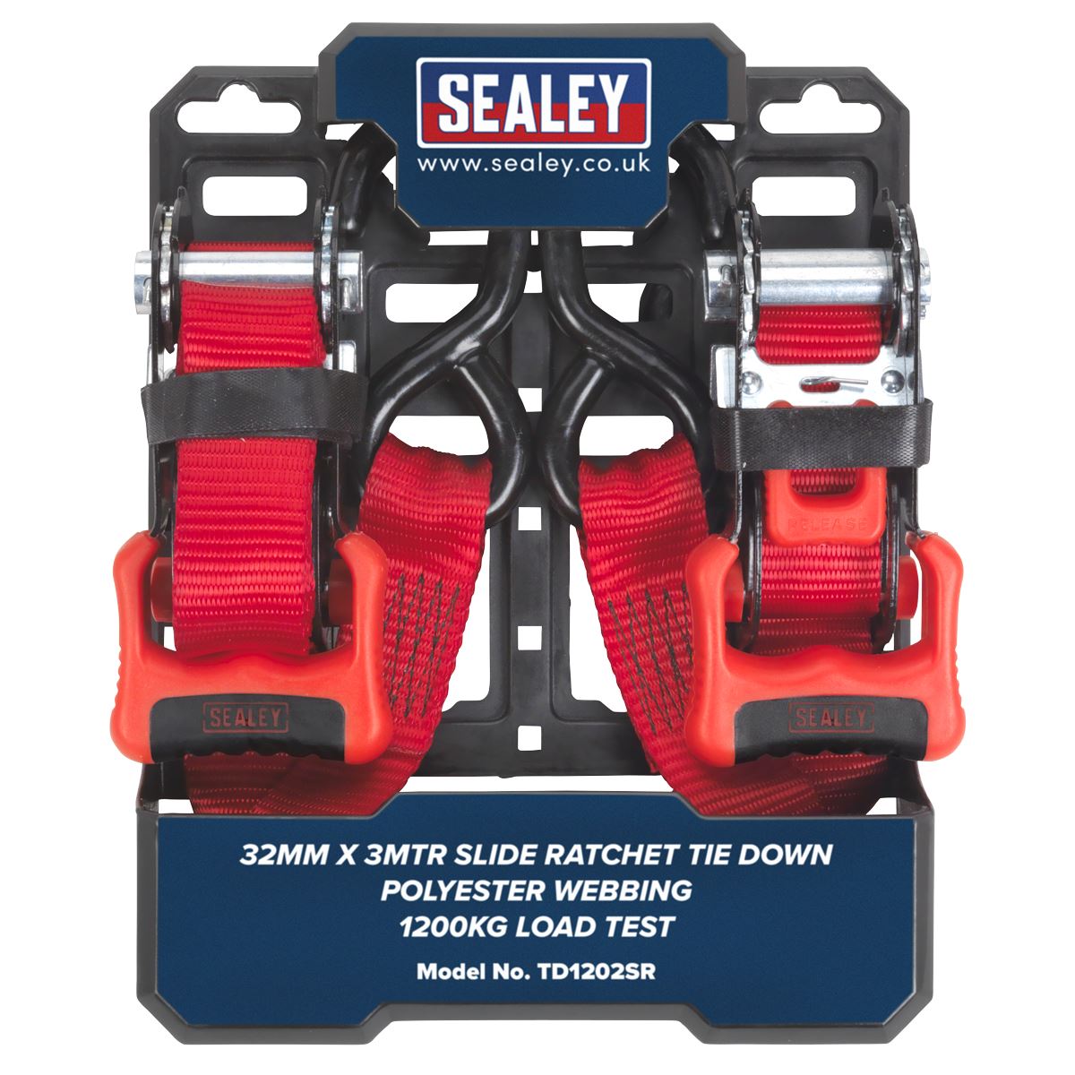 Sealey 2pk 32mm x 3m Slide Ratchet Tie Down Straps Load Cargo Lash S Hooks