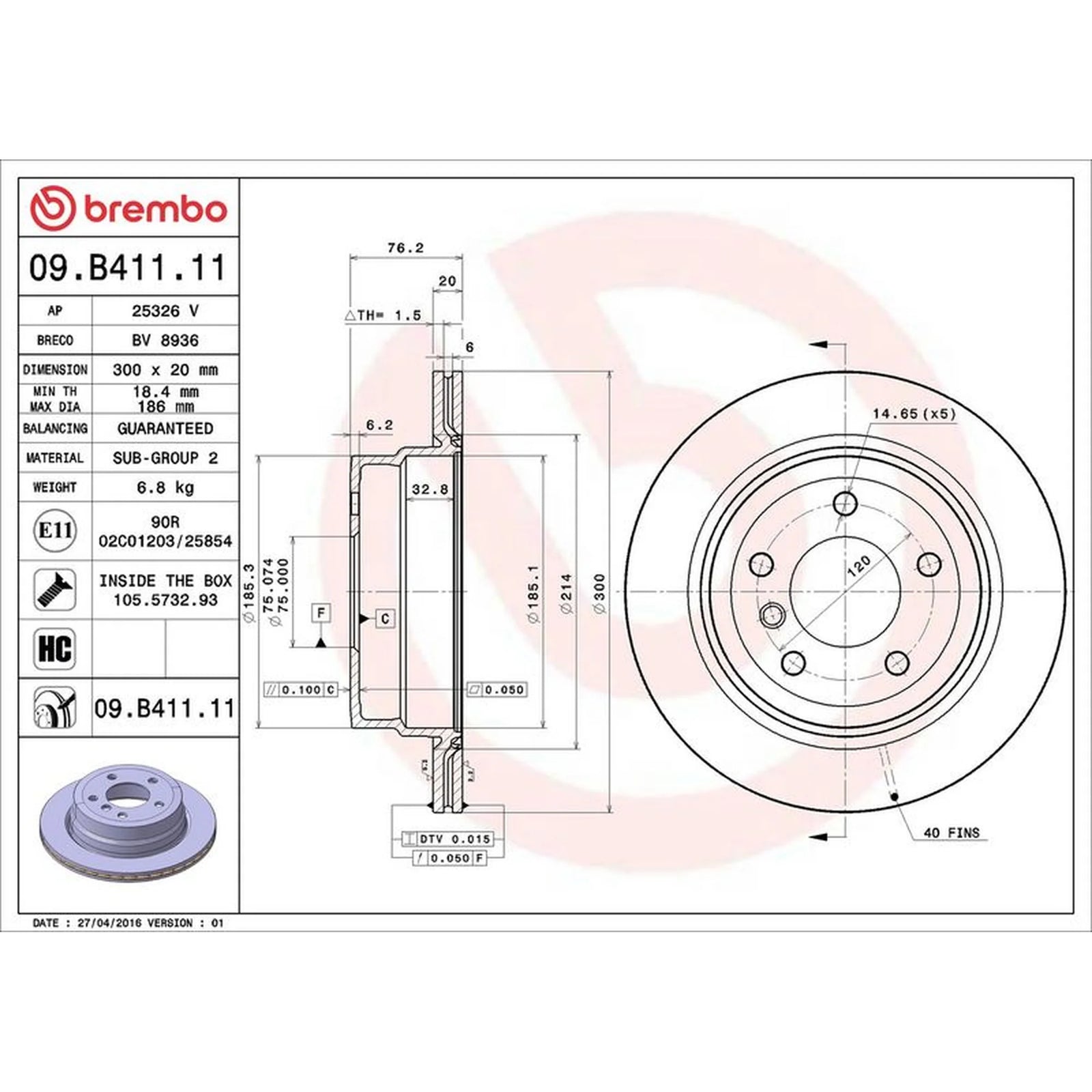 Brembo 2 x Internally Vented Rear Brake Discs 09.B411.11