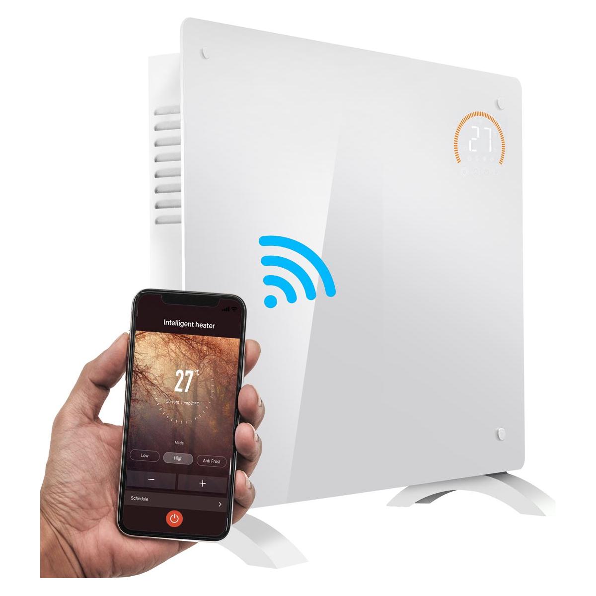 Baridi 1000W Electric Glass Panel Heater with 24/7 Timer, Remote Control & Wi-Fi - White