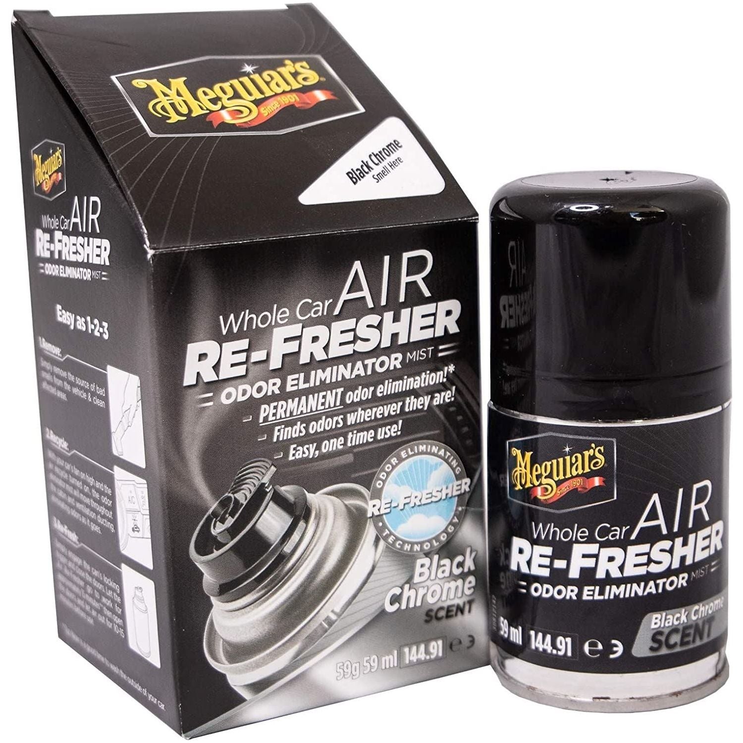 2x Meguiar's Whole Car Air Re-Fresher Odor Eliminator Black Chrome Scent 59ml