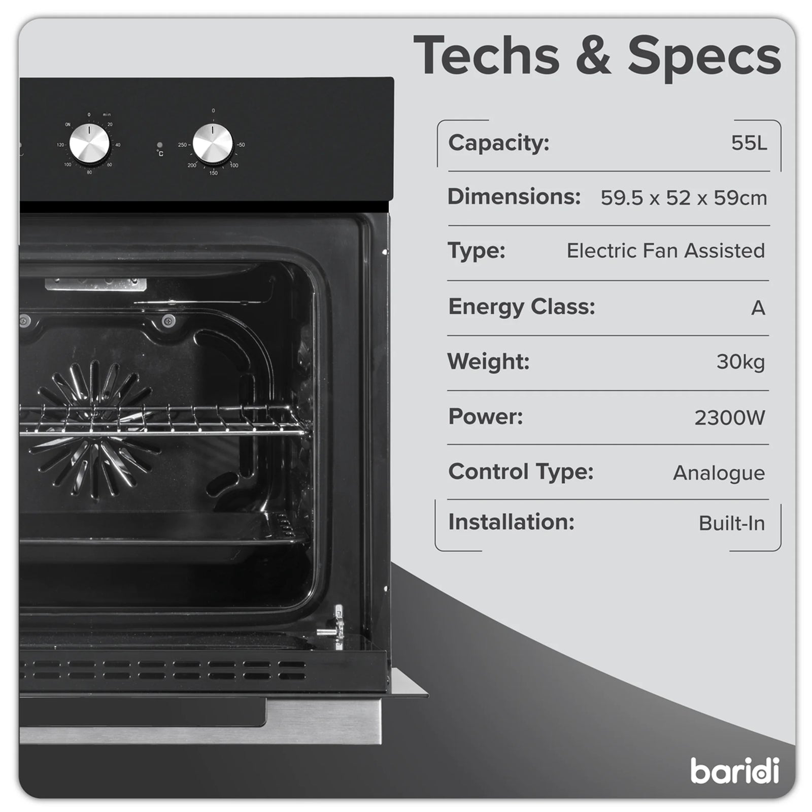 Baridi Built-In Oven DH110 55L Capacity Fan Assisted - Black
