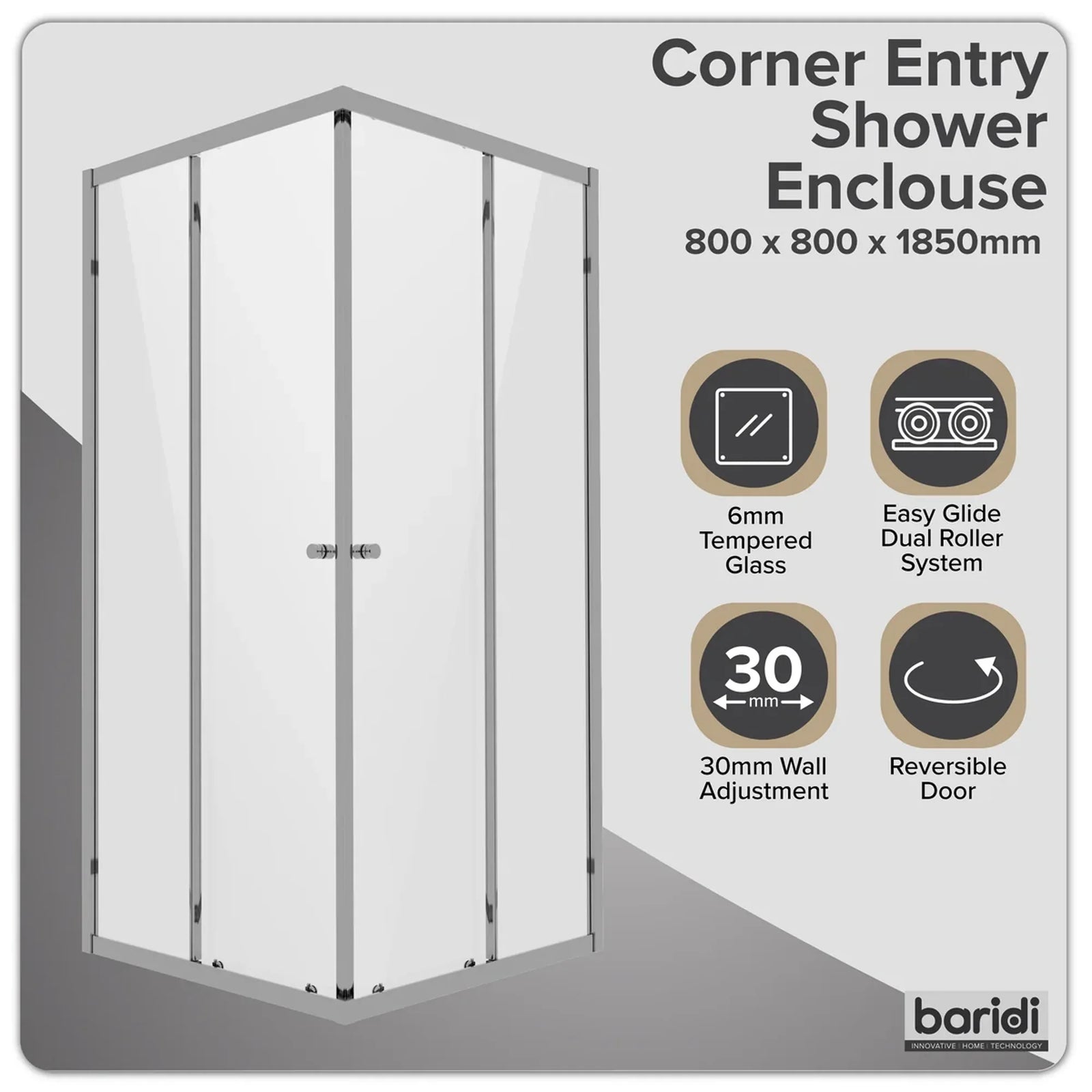 Baridi Shower Entry Enclosure 800 x 800mm with Tempered Glass - Chrome