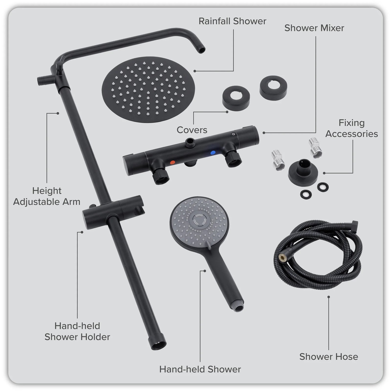 Baridi Thermostatic Shower Mixer Set 20cm Round Head Adjustable Rail