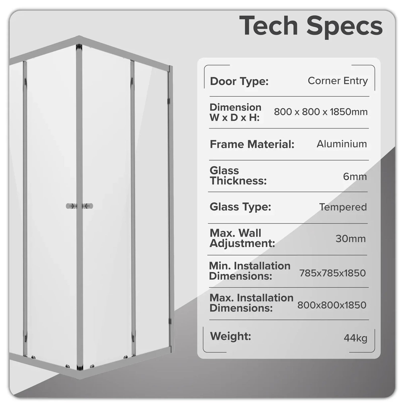 Baridi Shower Entry Enclosure 800 x 800mm with Tempered Glass - Chrome