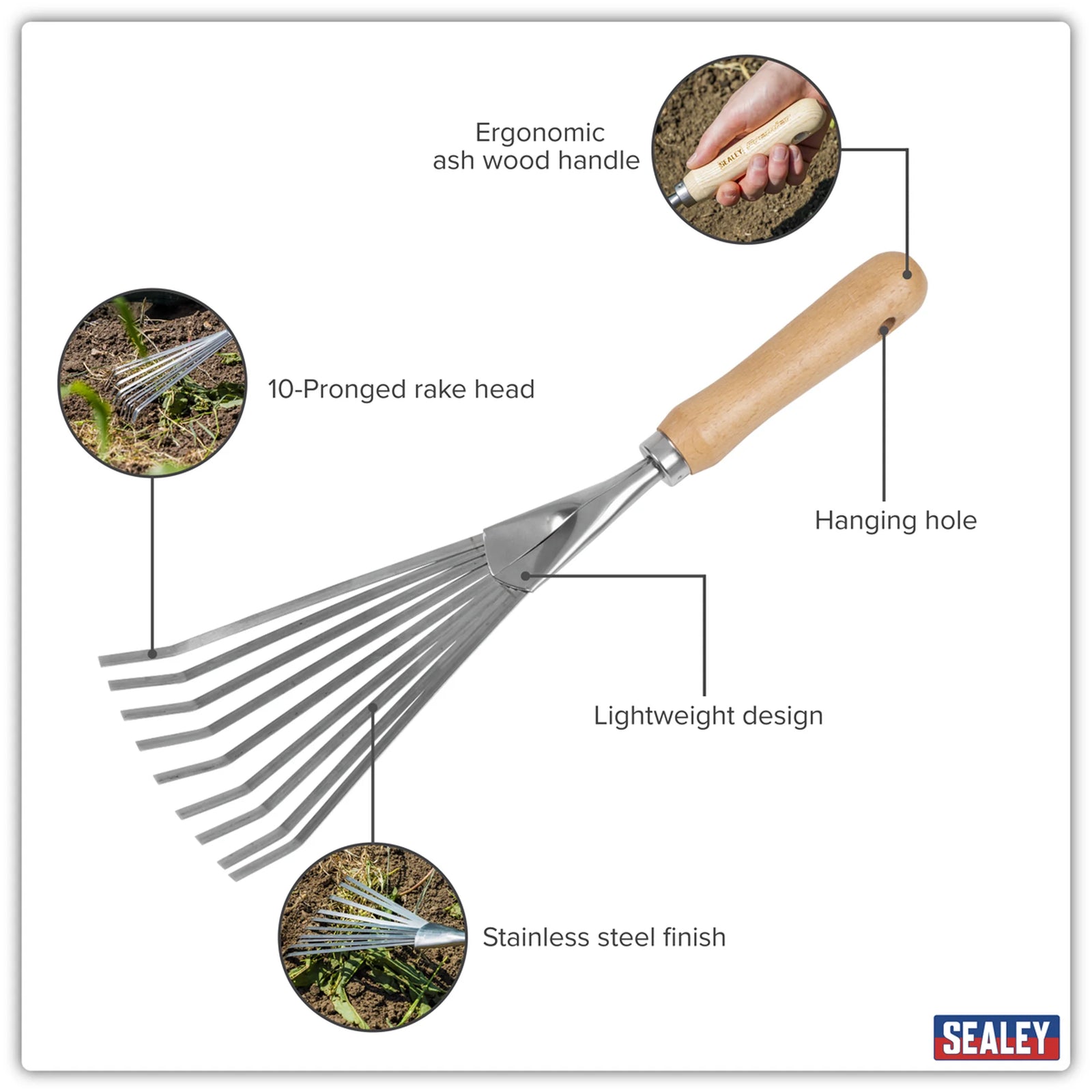 Sealey Premier Leaf Hand Rake GTWH001 Natural Ash Handle