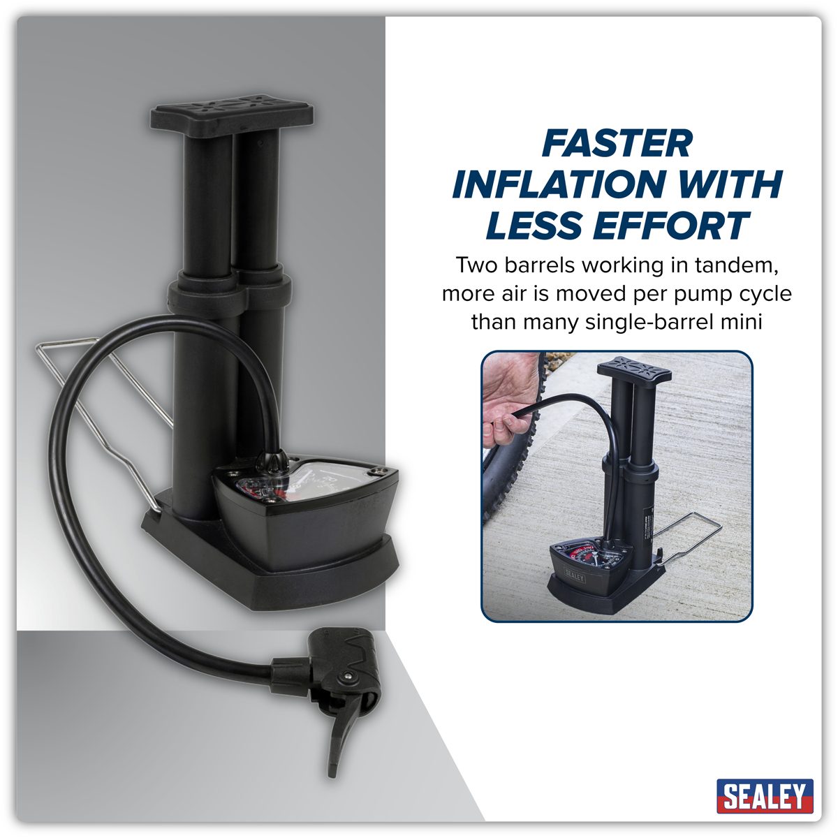Sealey Mini Twin Barrel Bicycle Foot Pump 4bar/60psi & 8bar/120psi