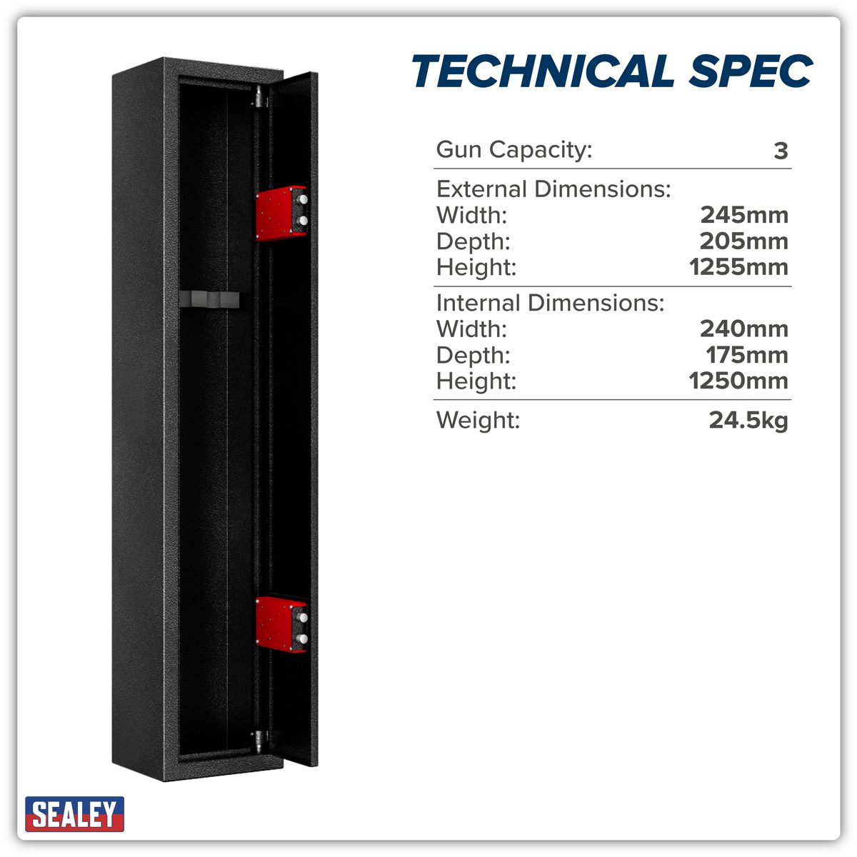 Sealey 3 Gun Cabinet SGS3 Secure Storage 245x205x1255mm
