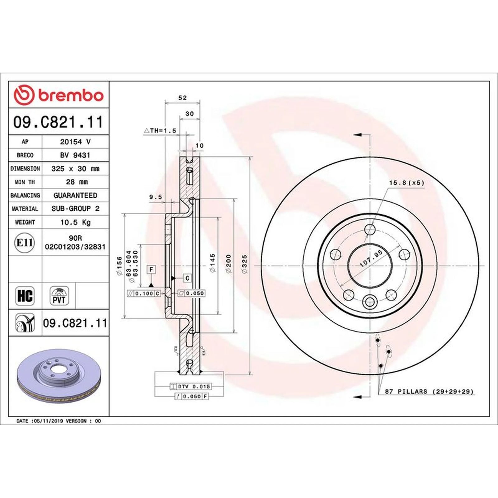 Brembo 2 x Internally Vented Brake Discs fits Jaguar E-Pace 2017-2018 2.0