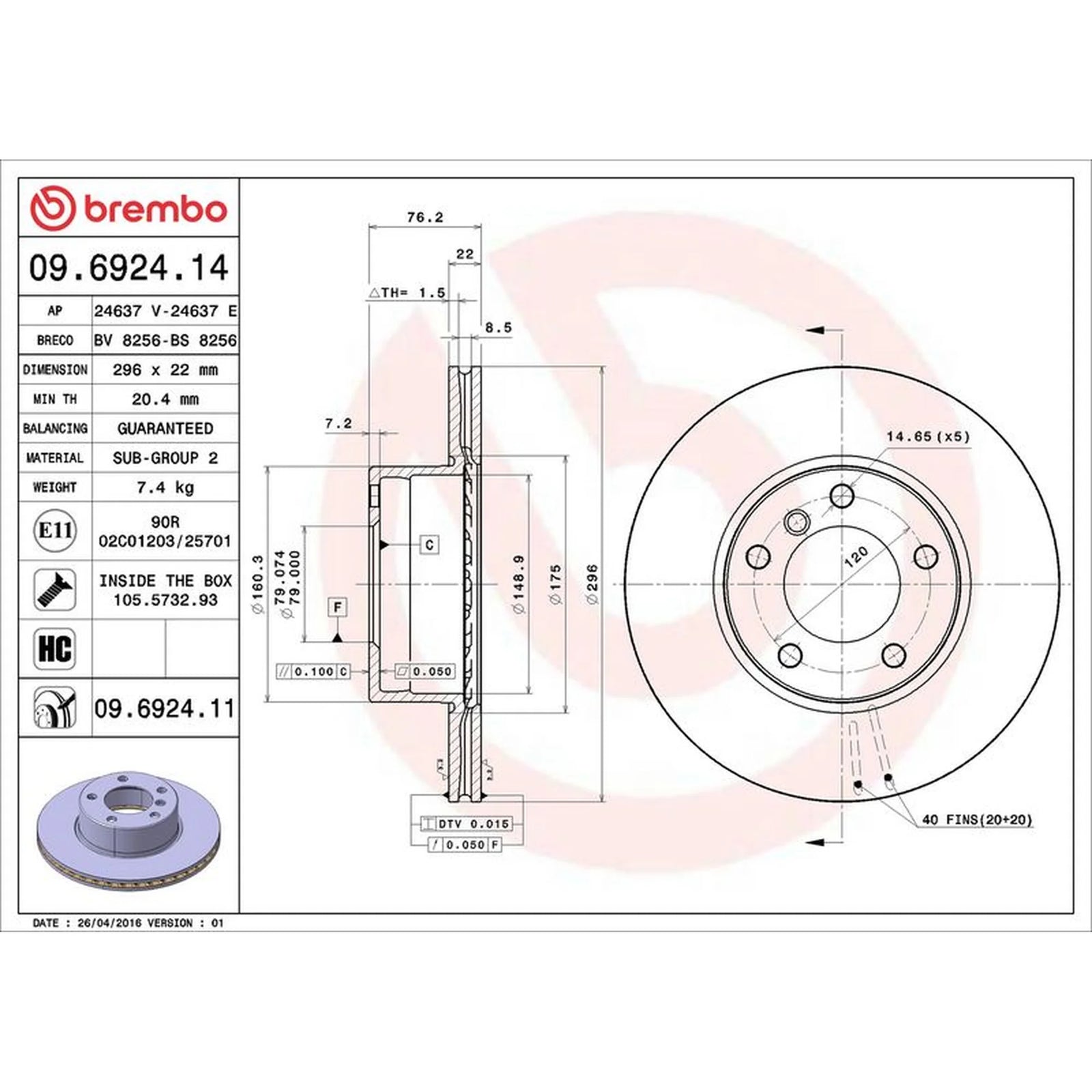Brembo 2 x Internally Vented Brake Discs fits BMW 5 1995-2004