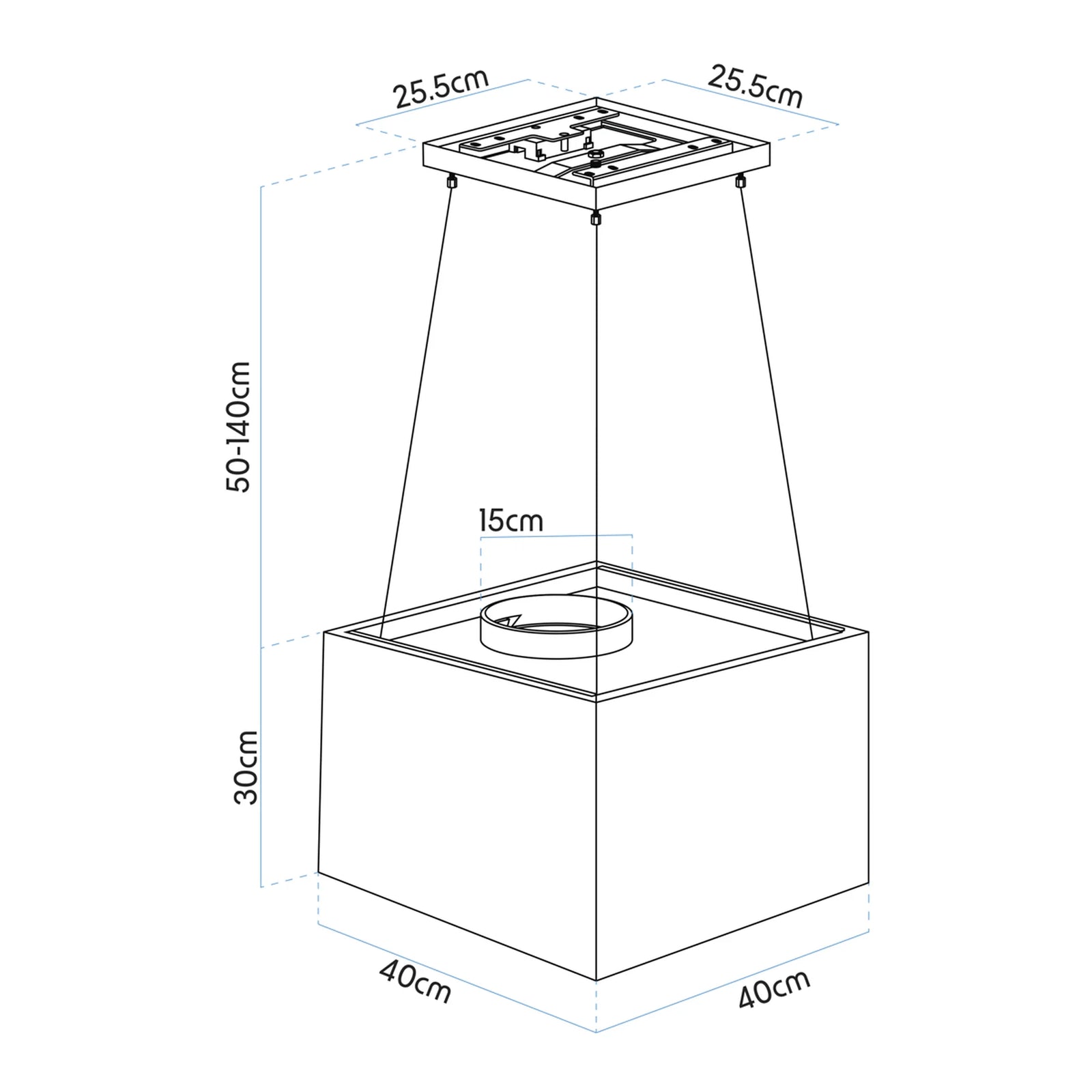 Baridi Square Island Cooker Hood 40cm - Black - 530m³/h